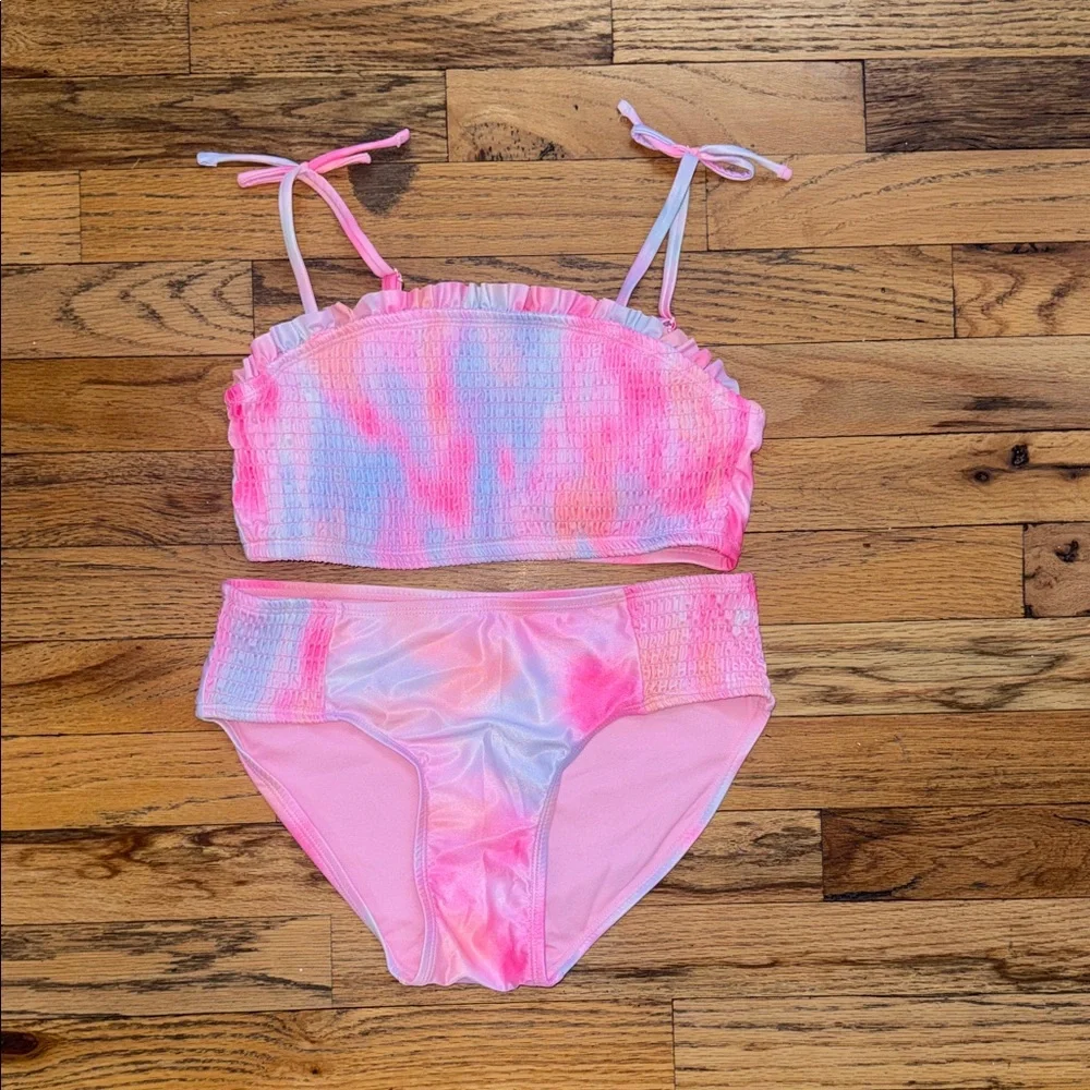 Girls Pink Tie-Dye Smocked Bikini Set